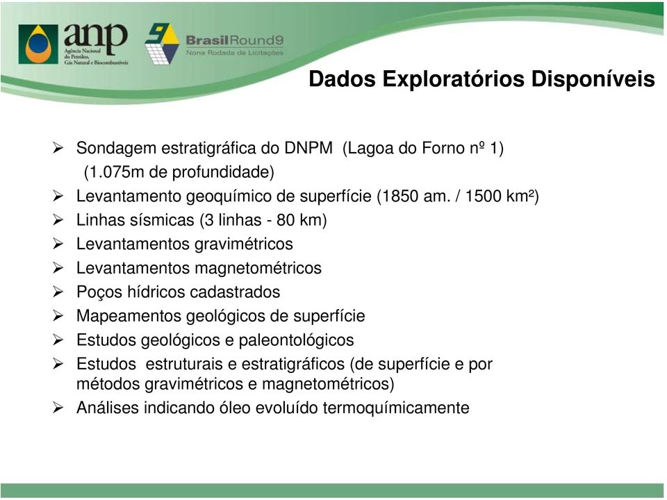 / 1500 km²) Linhas sísmicas (3 linhas - 80 km) Levantamentos gravimétricos Levantamentos magnetométricos Poços hídricos