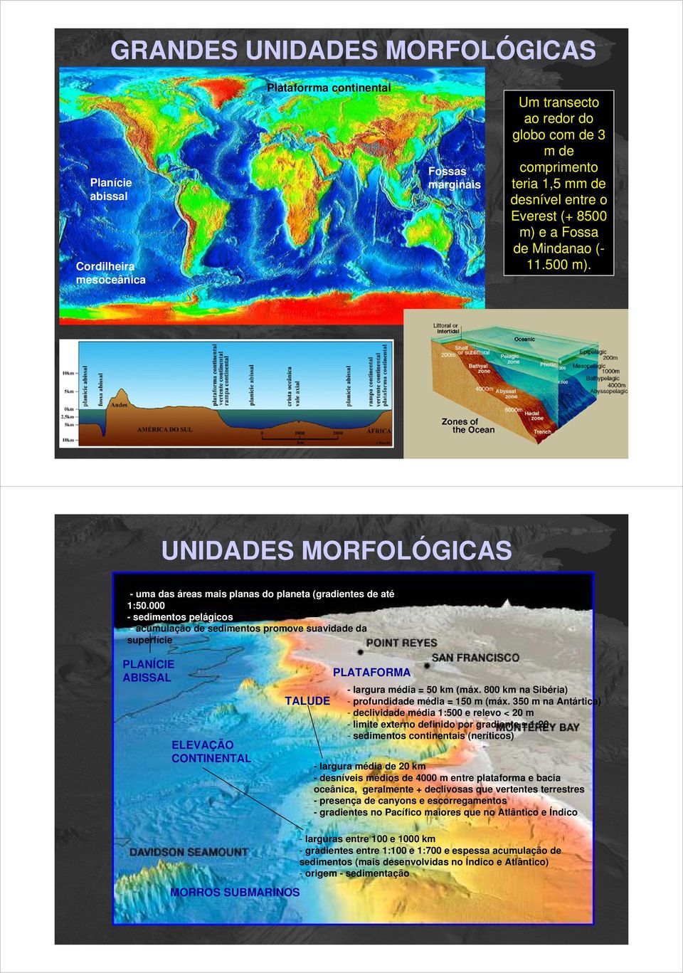 000 - sedimentos pelágicos - acumulação de sedimentos promove suavidade da superfície PLANÍCIE ABISSAL ELEVAÇÃO CONTINENTAL PLATAFORMA - largura média = 50 km (máx.