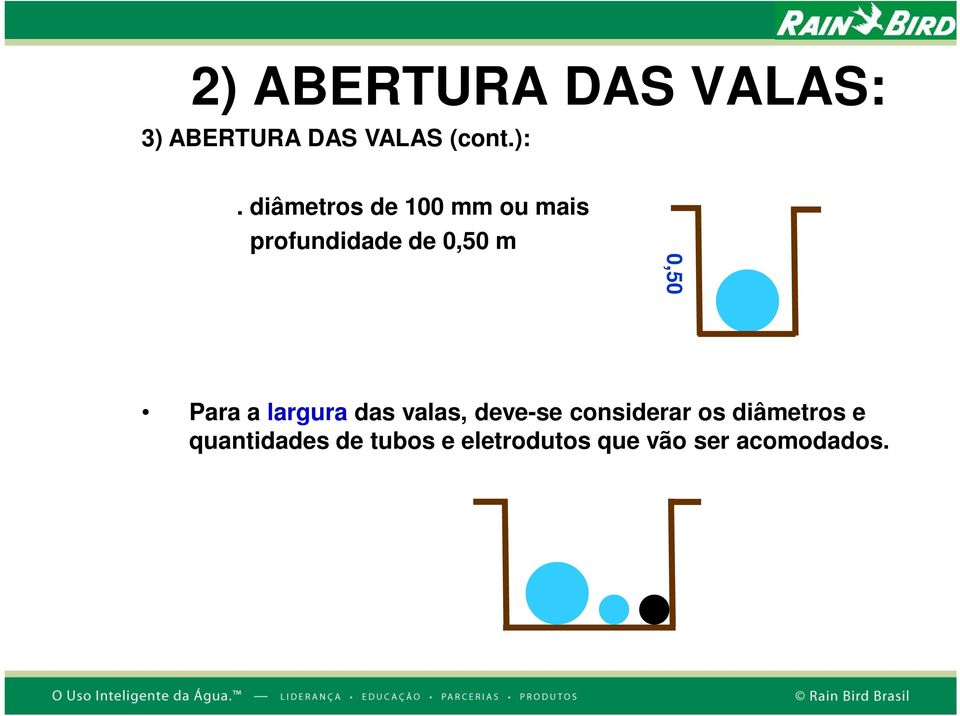 Para a largura das valas, deve-se considerar os diâmetros