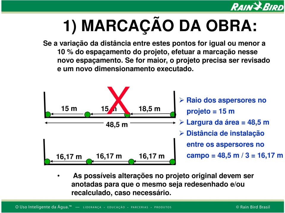 X 15 m 15 m 18,5 m 48,5 m 16,17 m 16,17 m 16,17 m Raio dos aspersores no projeto = 15 m Largura da área = 48,5 m Distância de instalação