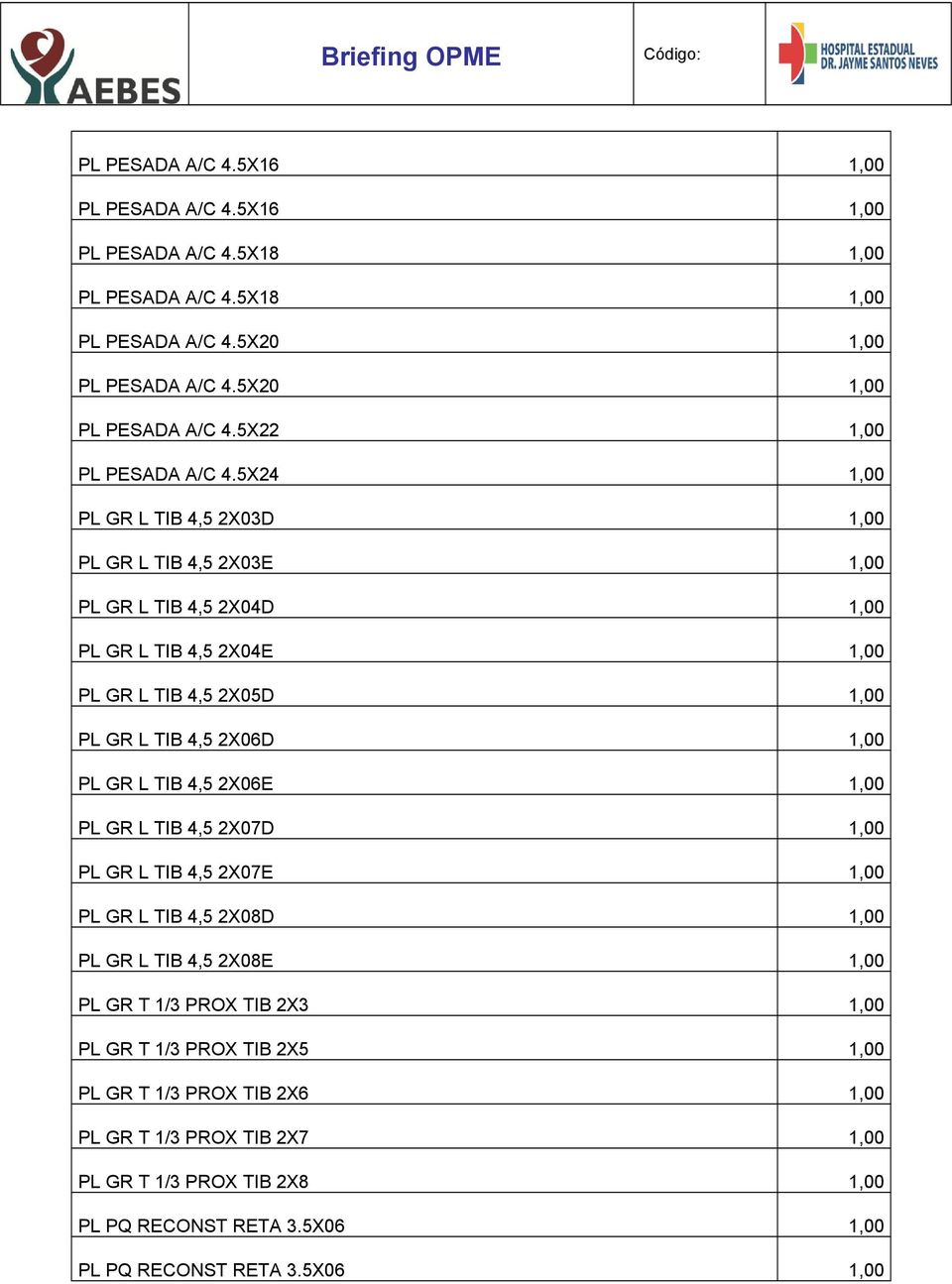 L TIB 4,5 2X06E 1,00 PL GR L TIB 4,5 2X07D 1,00 PL GR L TIB 4,5 2X07E 1,00 PL GR L TIB 4,5 2X08D 1,00 PL GR L TIB 4,5 2X08E 1,00 PL GR T 1/3 PROX TIB 2X3 1,00 PL GR T 1/3 PROX