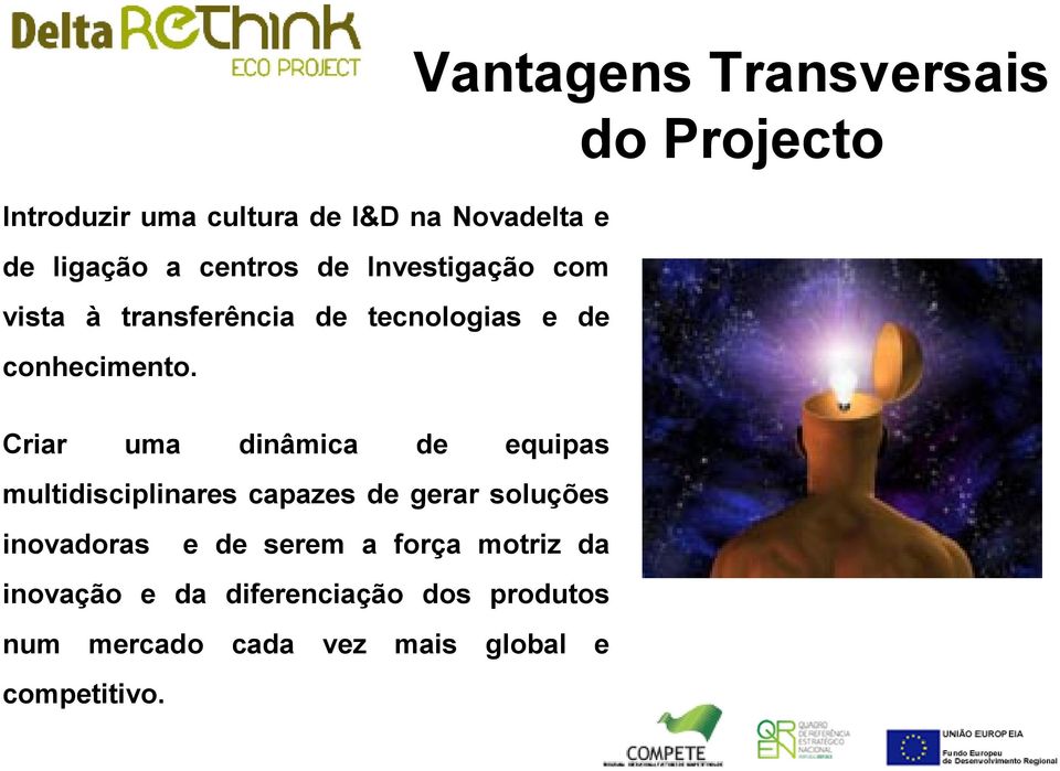 Vantagens Transversais do Projecto Criar uma dinâmica de equipas multidisciplinares capazes de