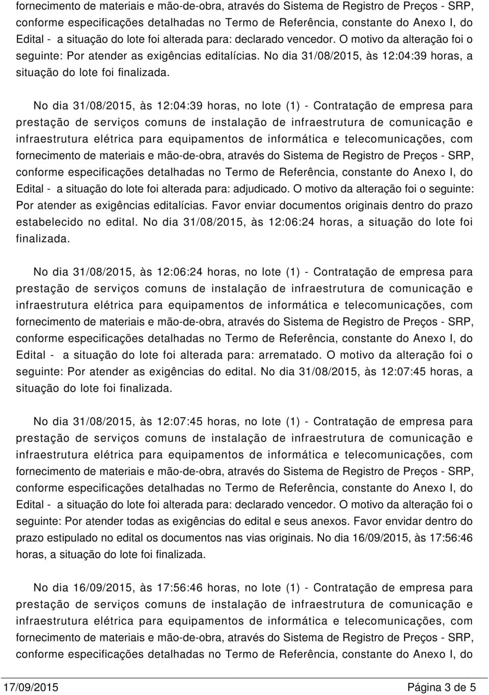 No dia 31/08/2015, às 12:04:39 horas, no lote (1) - Contratação de empresa para Edital - a situação do lote foi alterada para: adjudicado.