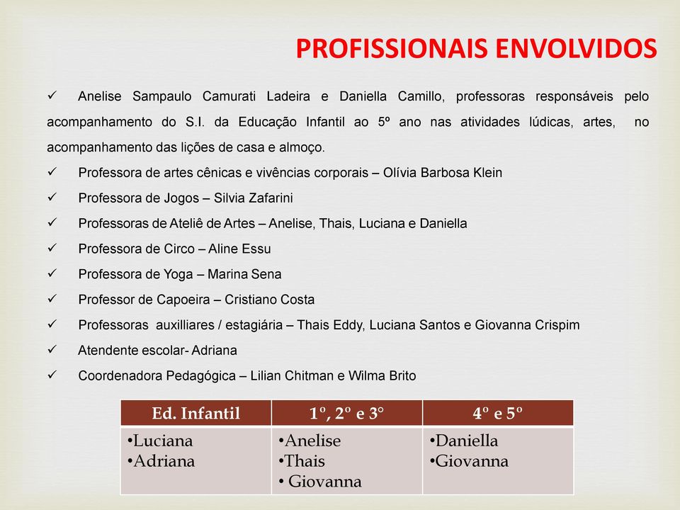 Circo Aline Essu Professora de Yoga Marina Sena Professor de Capoeira Cristiano Costa Professoras auxilliares / estagiária Thais Eddy, Luciana Santos e Giovanna Crispim Atendente escolar-