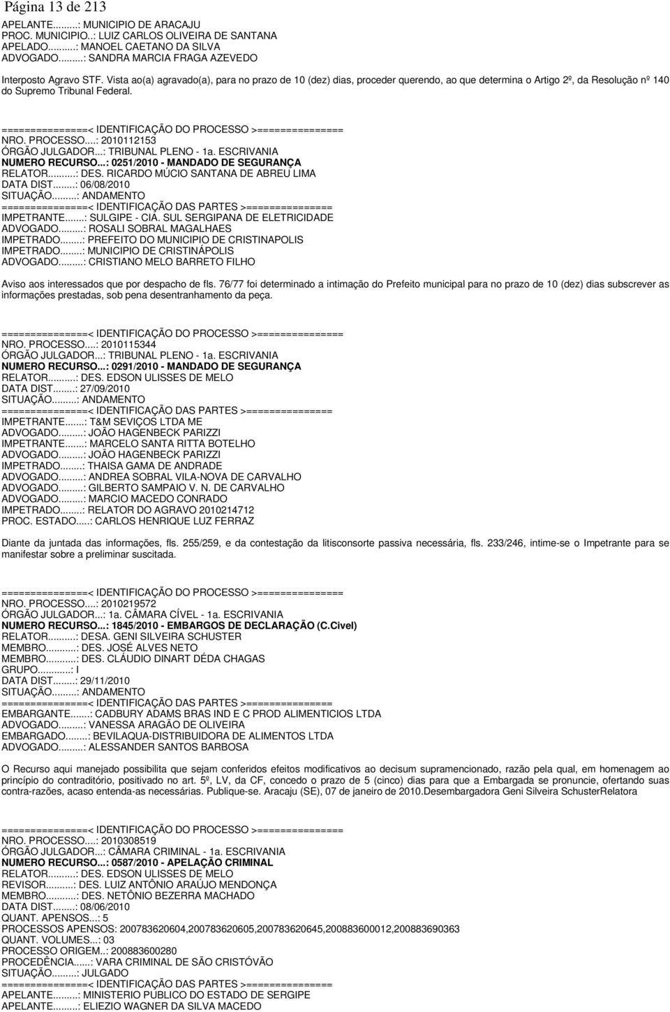 ===============< IDENTIFICAÇÃO DO PROCESSO >=============== NRO. PROCESSO...: 2010112153 ÓRGÃO JULGADOR...: TRIBUNAL PLENO - 1a. ESCRIVANIA NUMERO RECURSO...: 0251/2010 - MANDADO DE SEGURANÇA RELATOR.