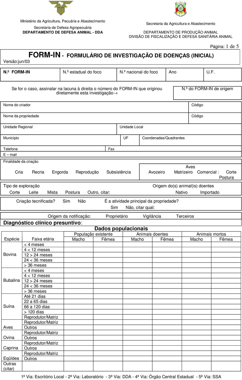 Engorda Reprodução Subsistência Tipo de exploração Aves Avozeiro Matrizeiro Comercial : Corte Postura Origem do(s) animal(is) doentes Corte Leite Mista Postura Outro, citar: Nativo Importado Criação