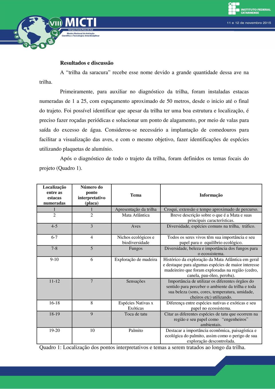 Foi possível identificar que apesar da trilha ter uma boa estrutura e localização, é preciso fazer roçadas periódicas e solucionar um ponto de alagamento, por meio de valas para saída do excesso de