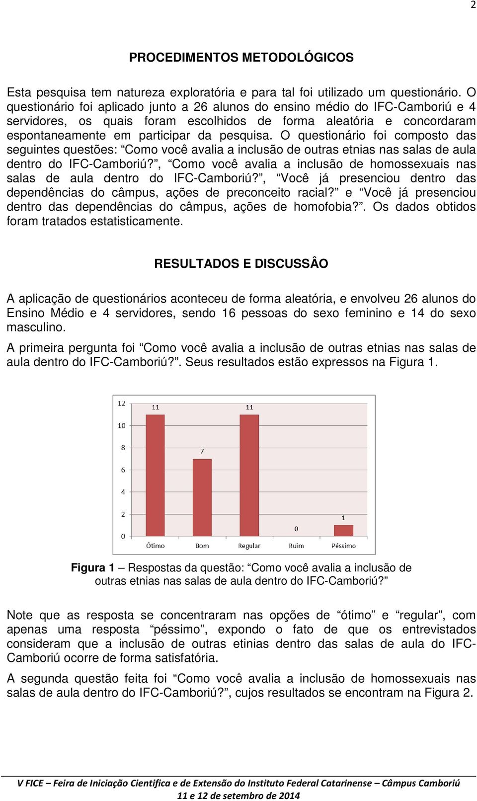 O questionário foi composto das seguintes questões: Como você avalia a inclusão de outras etnias nas salas de aula dentro do IFC-Camboriú?