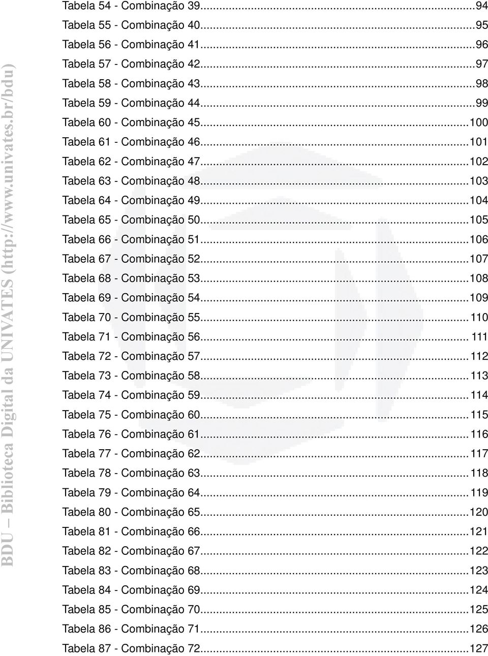 .. 105 Tabela 66 - Combinação 51... 106 Tabela 67 - Combinação 52... 107 Tabela 68 - Combinação 53... 108 Tabela 69 - Combinação 54... 109 Tabela 70 - Combinação 55... 110 Tabela 71 - Combinação 56.