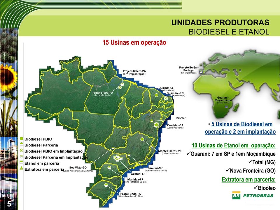 parceria Boa Vista-GO (Usina Petrobras-São Martinho) Guarani-SP Marialva-PR (Usina Petrobras-BS Bios) Passo Fundo-RS (Usina Petrobras-BS Bios) Bambuí-MG (Usina Petrobras-Total) Bioóleo Candeias-BA