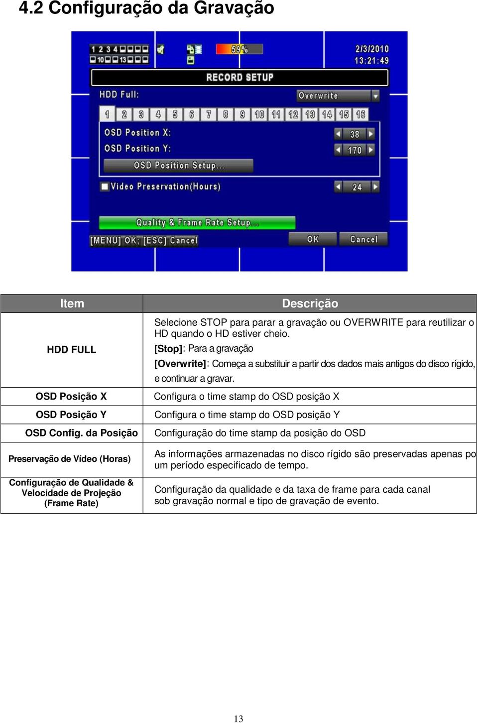 estiver cheio. [Stop]: Para a gravação [Overwrite]: Começa a substituir a partir dos dados mais antigos do disco rígido, e continuar a gravar.