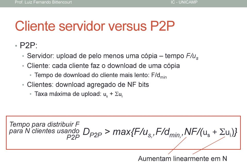 Clientes: download agregado de NF bits Taxa máxima de upload: u s + Σu i Tempo para distribuir