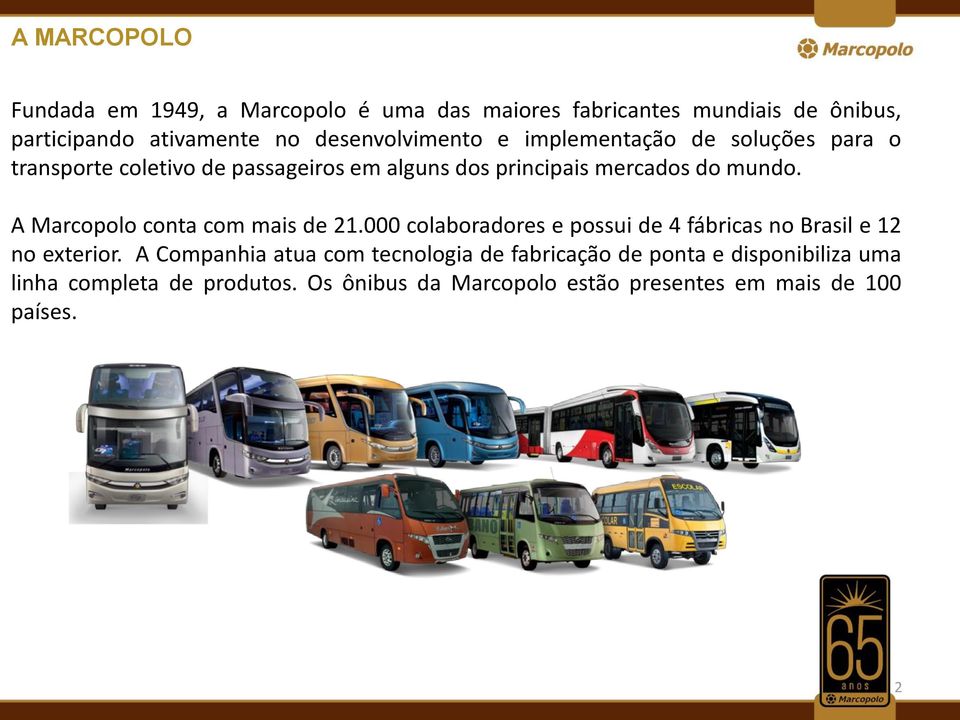 A Marcopolo conta com mais de 21.000 colaboradores e possui de 4 fábricas no Brasil e 12 no exterior.