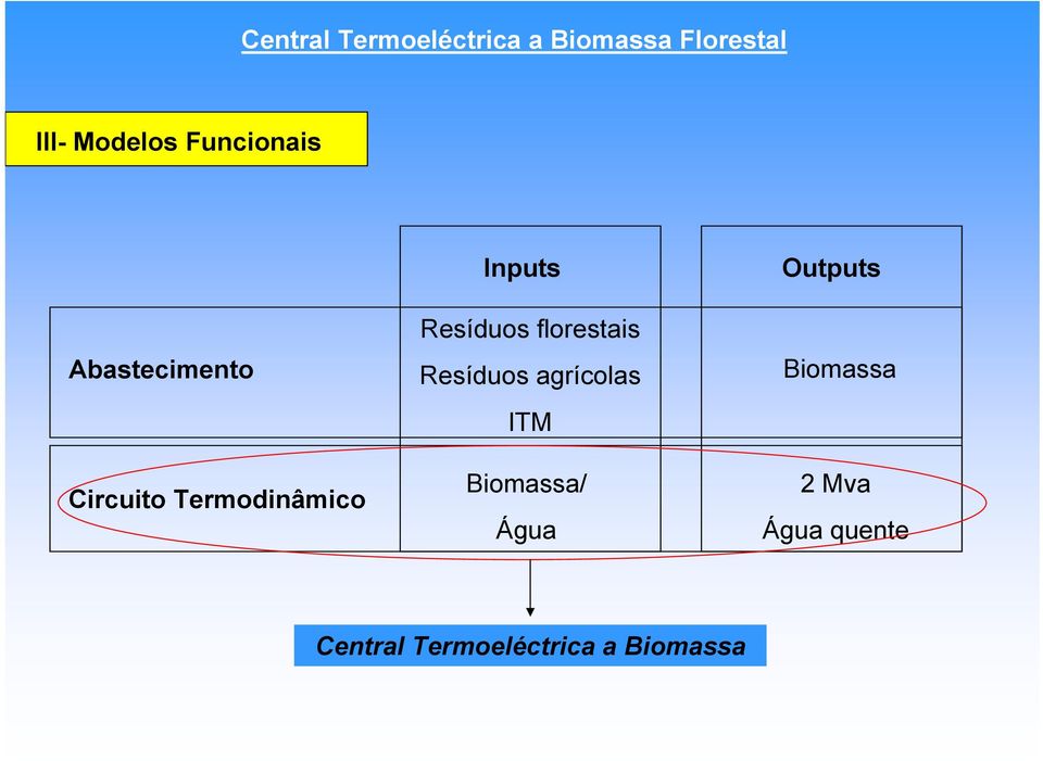 Resíduos agrícolas ITM Biomassa/ Água Outputs