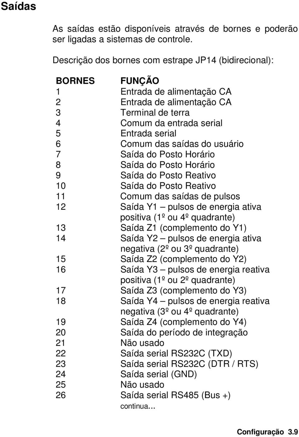 saídas do usuário 7 Saída do Posto Horário 8 Saída do Posto Horário 9 Saída do Posto Reativo 10 Saída do Posto Reativo 11 Comum das saídas de pulsos 12 Saída Y1 pulsos de energia ativa positiva (1º