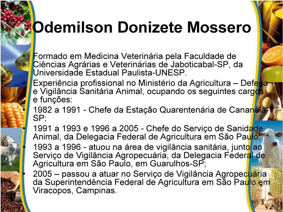 1991 a 1993 e 1996 a 2005 - Chefe do Serviço de Sanidade Animal, da Delegacia Federal de Agricultura em São Paulo; 1993 a 1996 - atuou na área de vigilância sanitária, junto ao Serviço de
