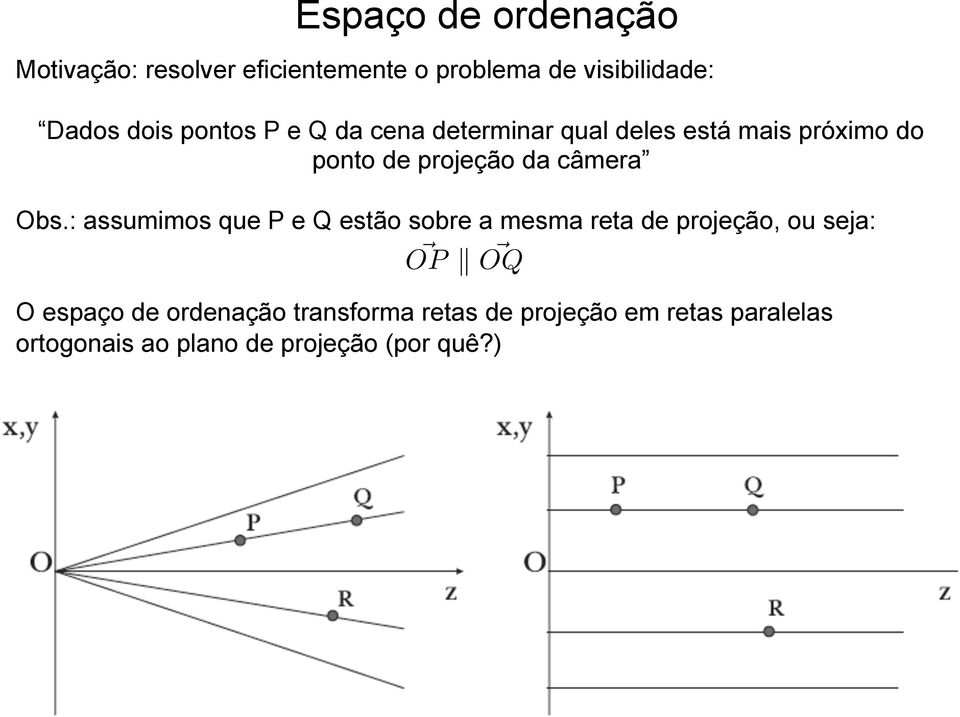 : assumimos que P e Q estão sobre a mesma reta de projeção, ou seja: OP ~ k OQ ~ O espaço de
