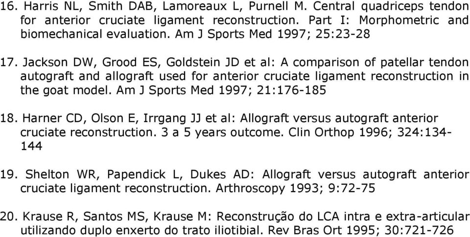 Jackson DW, Grood ES, Goldstein JD et al: A comparison of patellar tendon autograft and allograft used for anterior cruciate ligament reconstruction in the goat model.