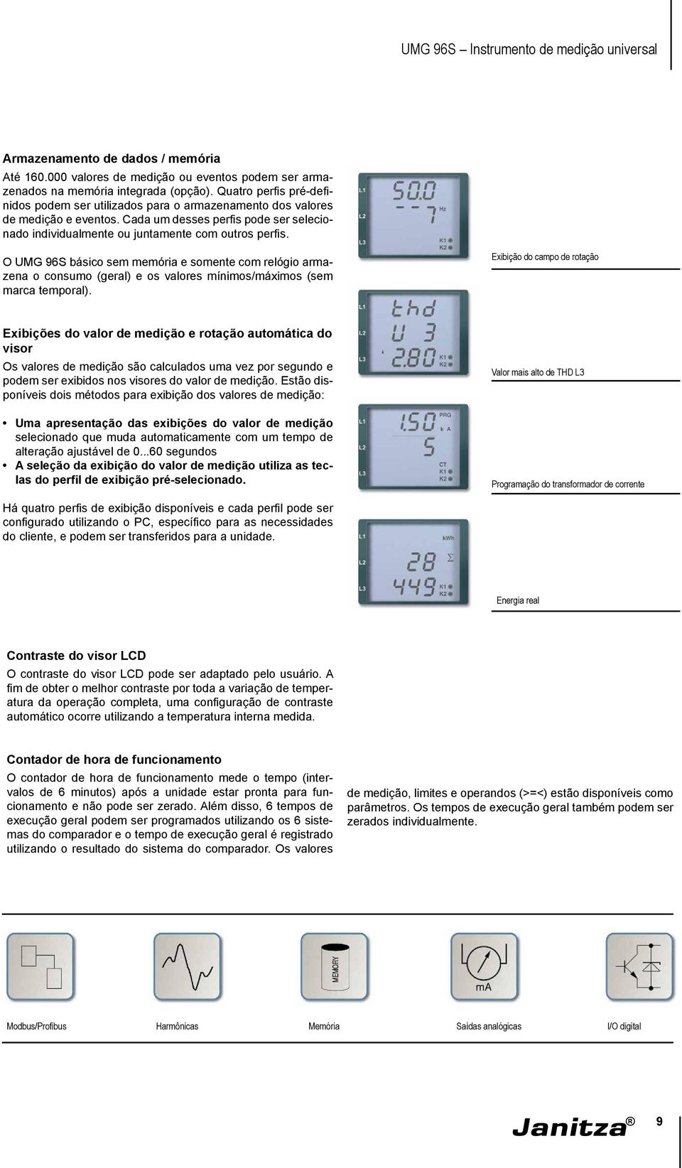 O UMG 96S básico sem memória e somente com relógio armazena o consumo (geral) e os valores mínimos/máximos (sem marca temporal).