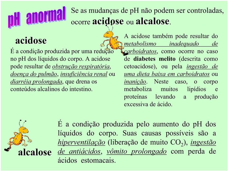 A acidose também pode resultar do metabolismo inadequado de carboidratos, como ocorre no caso de diabetes melito (descrita como cetoacidose), ou pela ingestão de uma dieta baixa em carboidratos ou