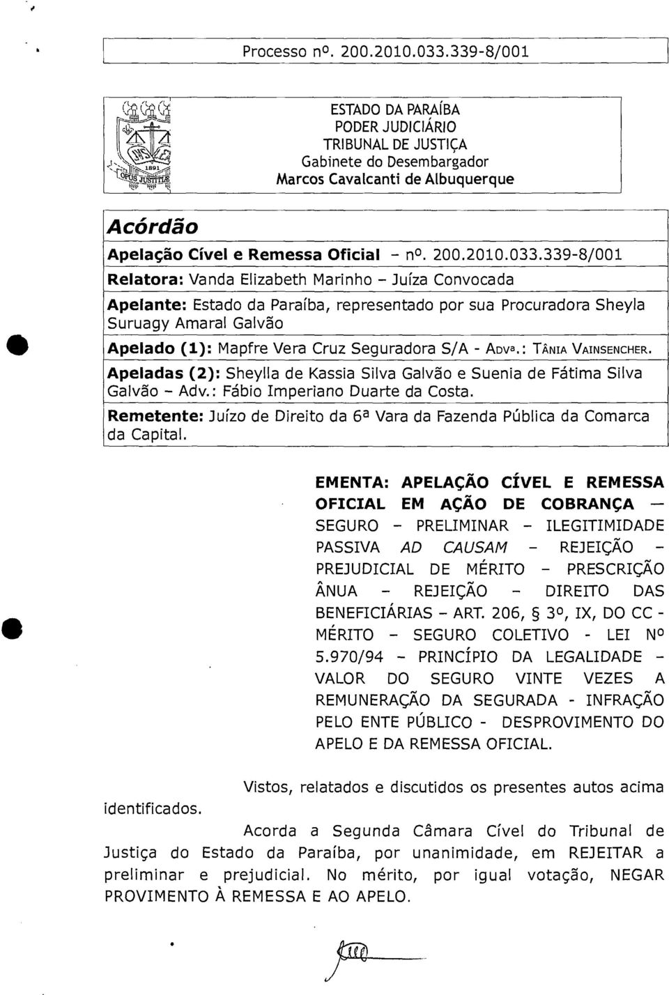 ADva.: TÂNNIA. AINSENCHER. Apeladas (2): Sheylla de Kassia Silva Gaivão e Suenia de Fátima Silva Gaivão - Adv.: Fábio Imperiano Duarte da Costa.