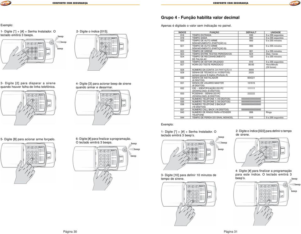 5- Digite [8] para acionar arme forçado. 6- Digite [#] para finalizar a programação. O teclado emitirá 3 beeps. - Digite [*] + [#] + Senha Instalador. O teclado emitirá 3 beep s.