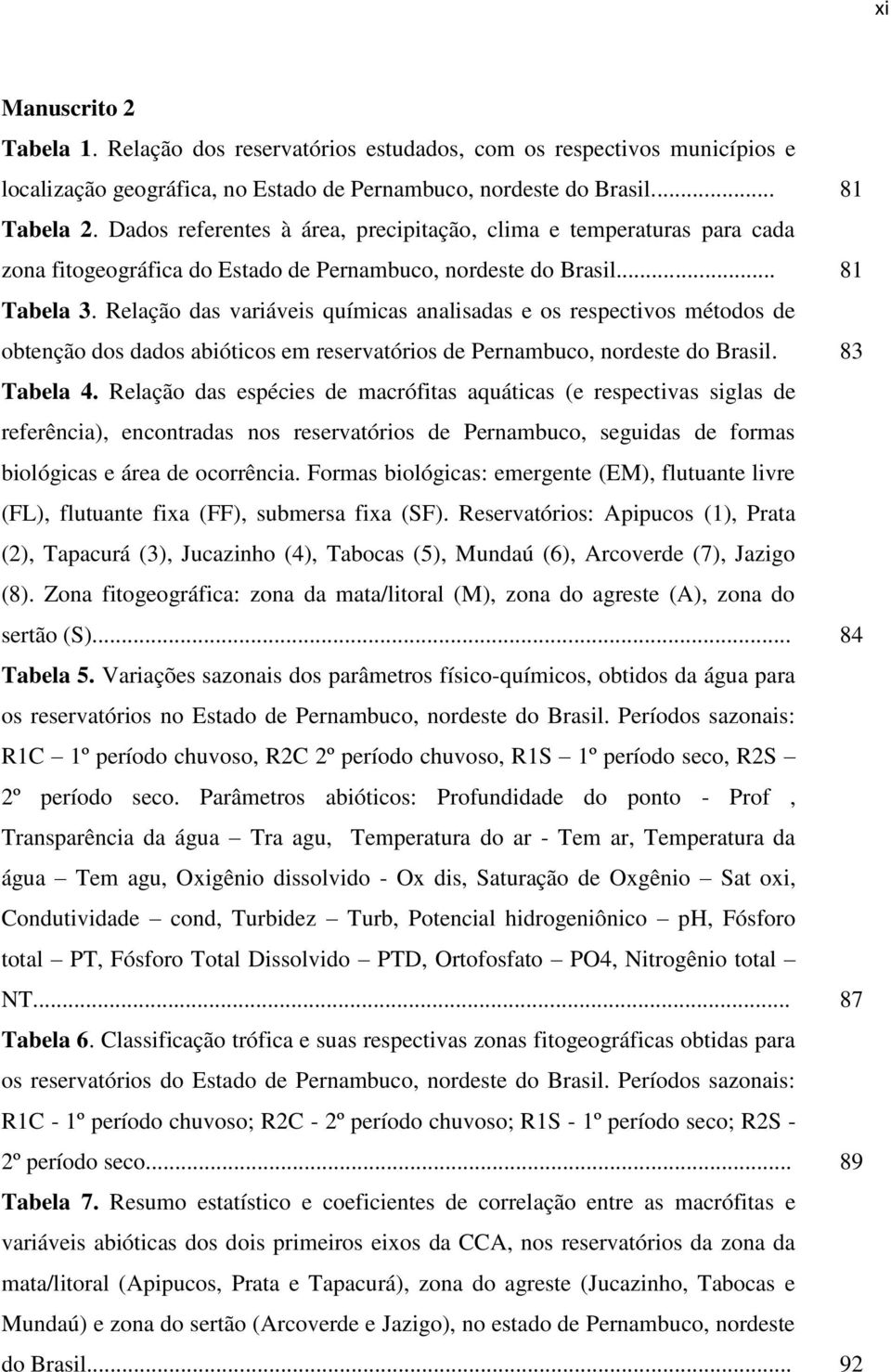 Relação das variáveis químicas analisadas e os respectivos métodos de obtenção dos dados abióticos em reservatórios de Pernambuco, nordeste do Brasil. 83 Tabela 4.