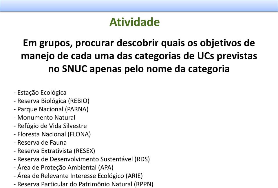 Silvestre - Floresta Nacional (FLONA) - Reserva de Fauna - Reserva Extrativista (RESEX) - Reserva de Desenvolvimento Sustentável