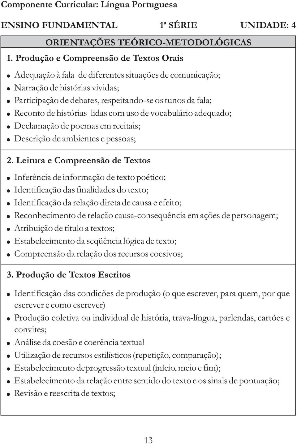 histórias lidas com uso de vocabulário adequado; Declamação de poemas em recitais; Descrição de ambientes e pessoas; 2.