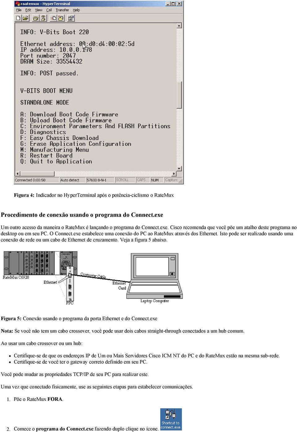 Isto pode ser realizado usando uma conexão de rede ou um cabo de Ethernet de cruzamento. Veja a figura 5 abaixo. Figura 5: Conexão usando o programa da porta Ethernet e do Connect.