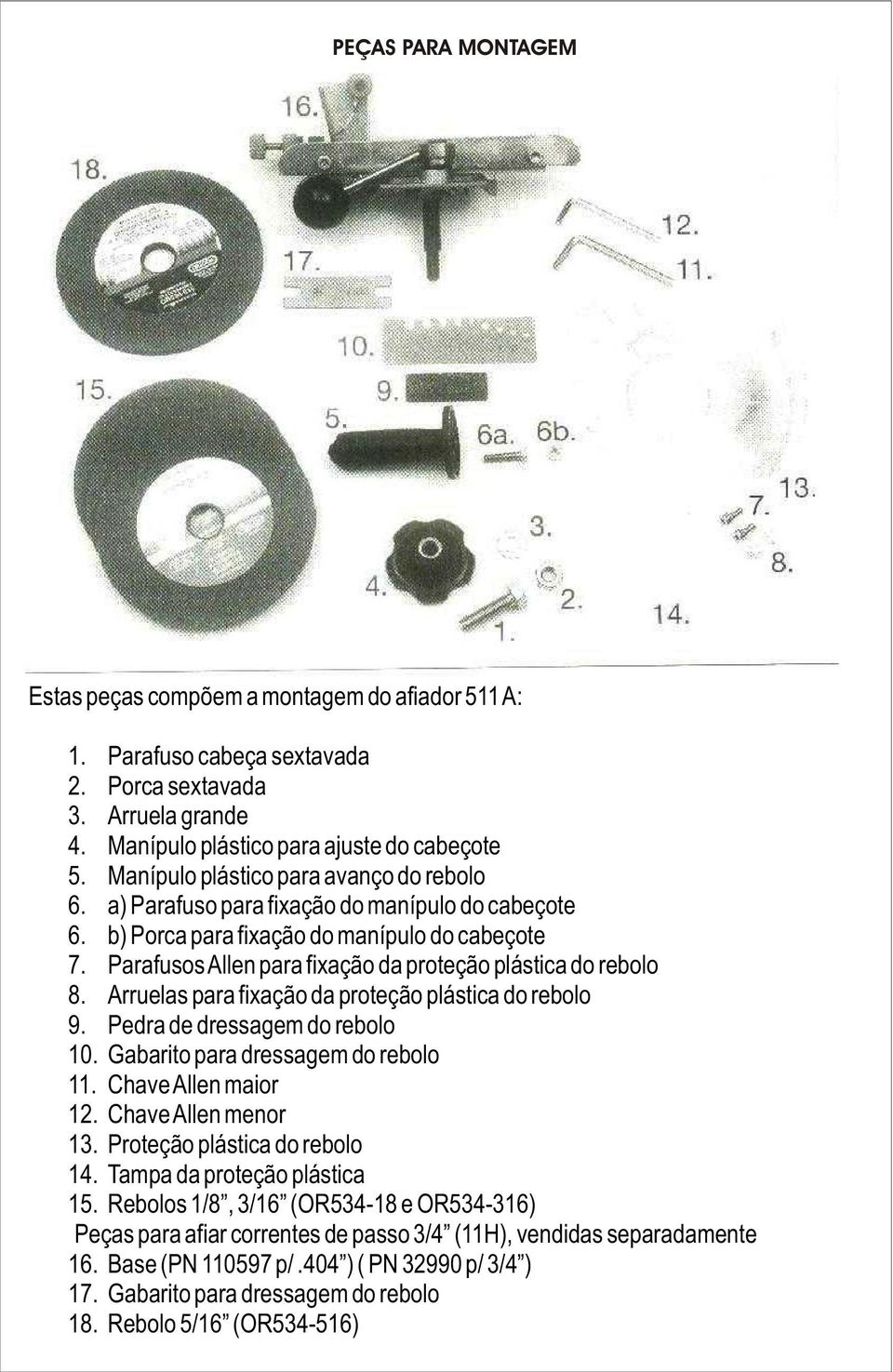 Parafusos Allen para fixação da proteção plástica do rebolo 8. Arruelas para fixação da proteção plástica do rebolo 9. Pedra de dressagem do rebolo 10. Gabarito para dressagem do rebolo 11.