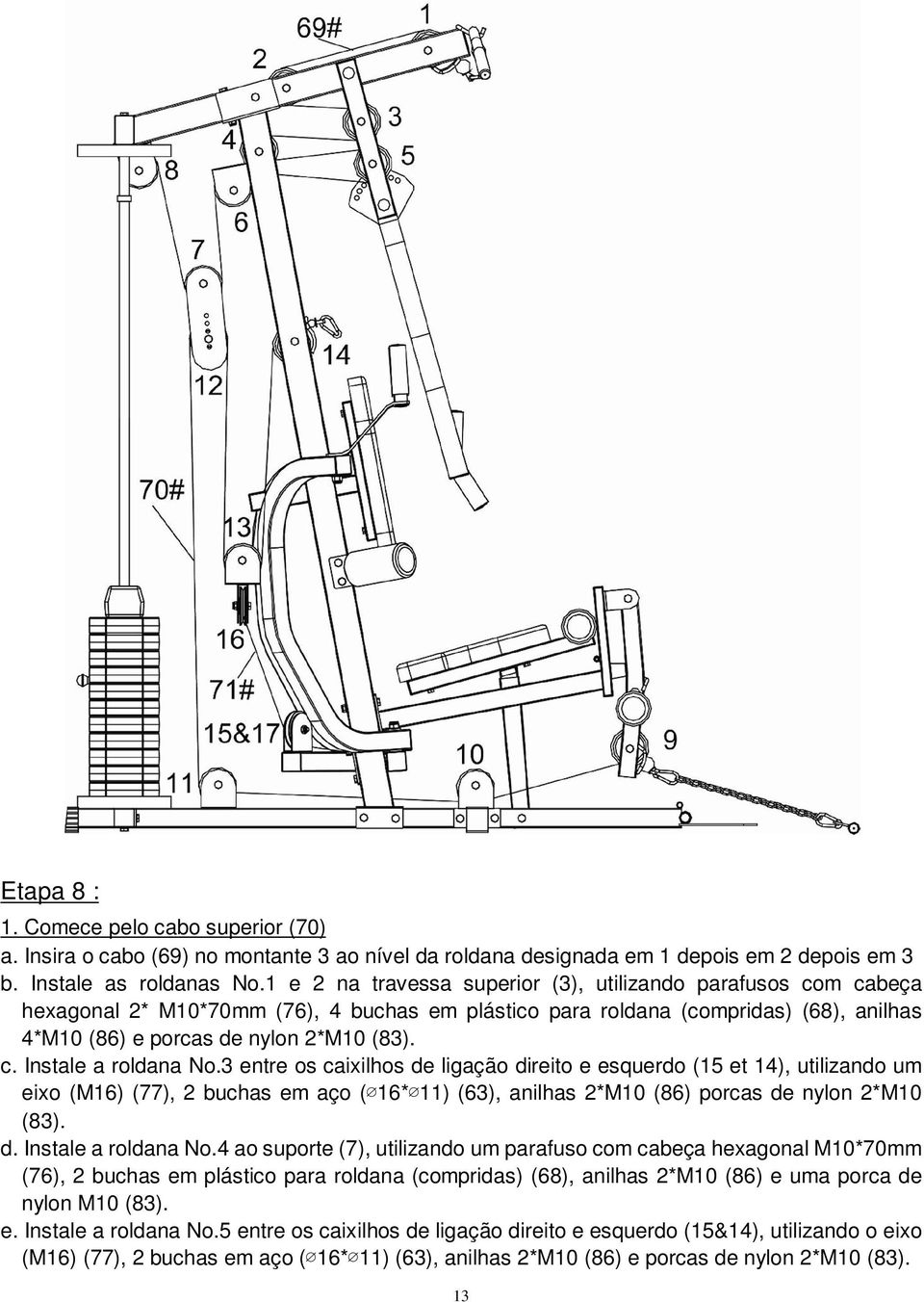 3 entre os caixilhos de ligação direito e esquerdo (15 et 14), utilizando um eixo (M16) (77), 2 buchas em aço ( 16* 11) (63), anilhas 2*M10 (86) porcas de nylon 2*M10 (83). d. Instale a roldana No.