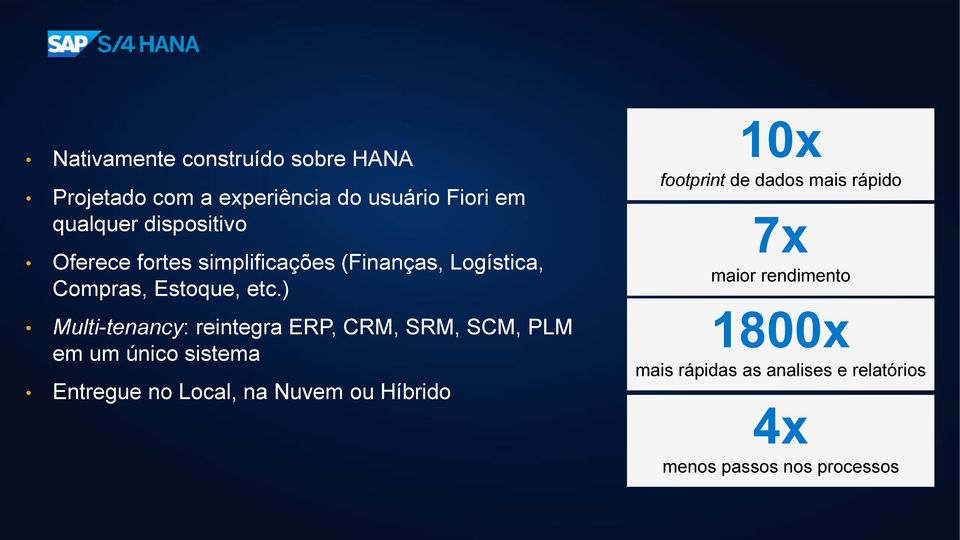 ) Multi-tenancy: reintegra ERP, CRM, SRM, SCM, PLM em um único sistema Entregue no Local, na Nuvem ou Híbrido 10x