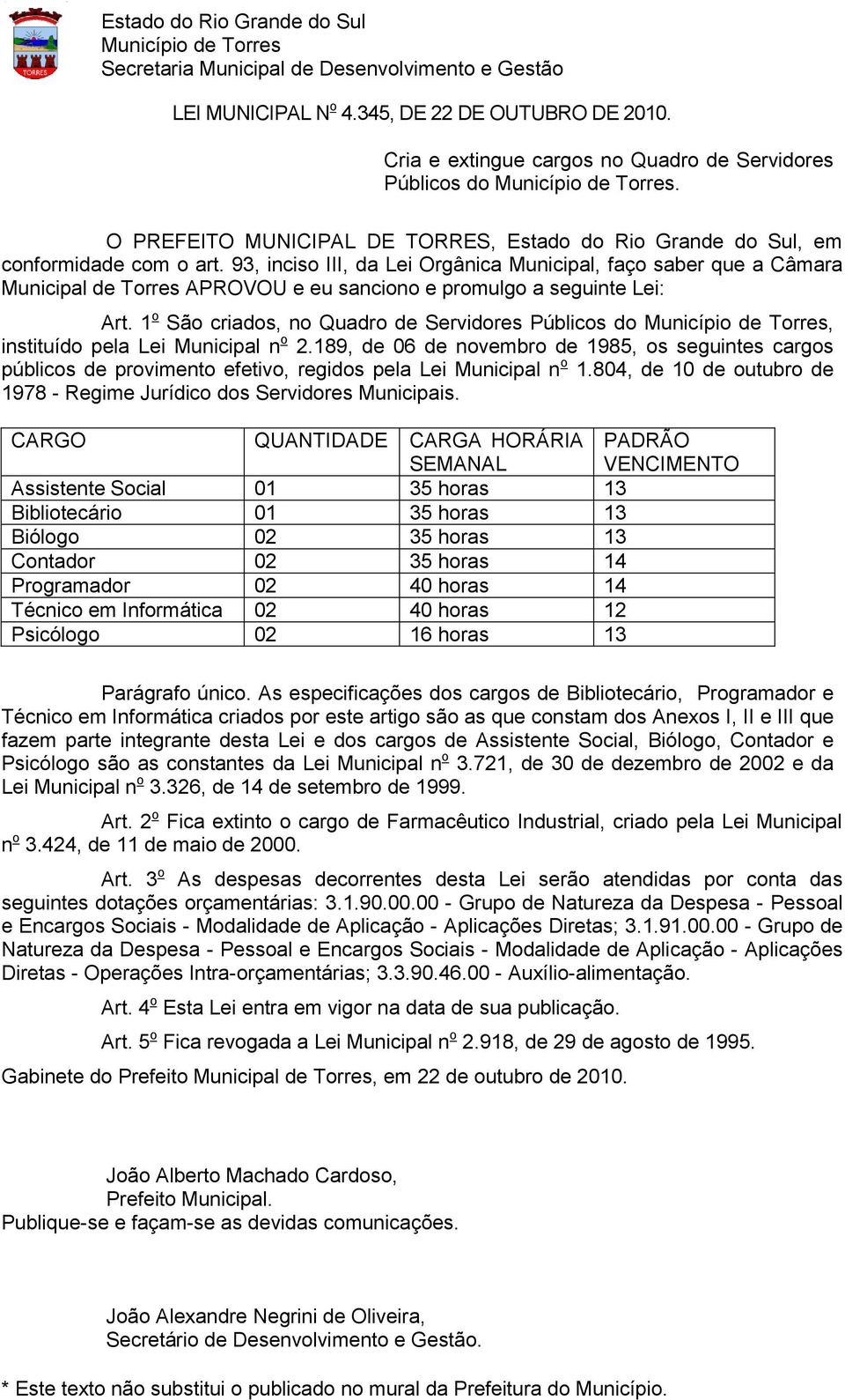 1 o São criados, no Quadro de Servidores Públicos do, instituído pela Lei Municipal n o 2.