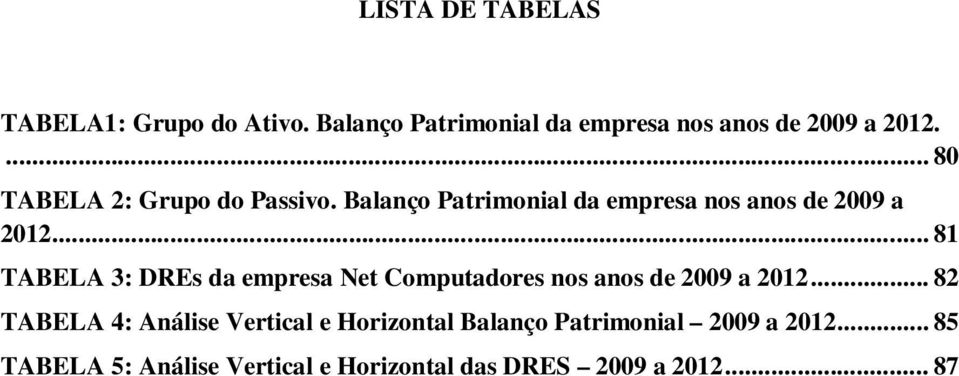 .. 81 TABELA 3: DREs da empresa Net Computadores nos anos de 2009 a 2012.