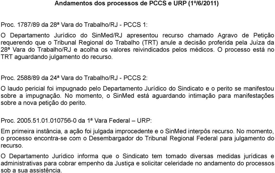 proferida pela Juíza da 28ª Vara do Trabalho/RJ e acolha os valores reivindicados pelos médicos. O processo está no TRT aguardando julgamento do recurso. Proc.