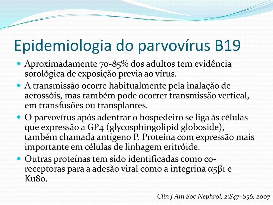 O parvovírus após adentrar o hospedeiro se liga às células que expressão a GP4 (glycosphingolipid globoside), também chamada antígeno P.