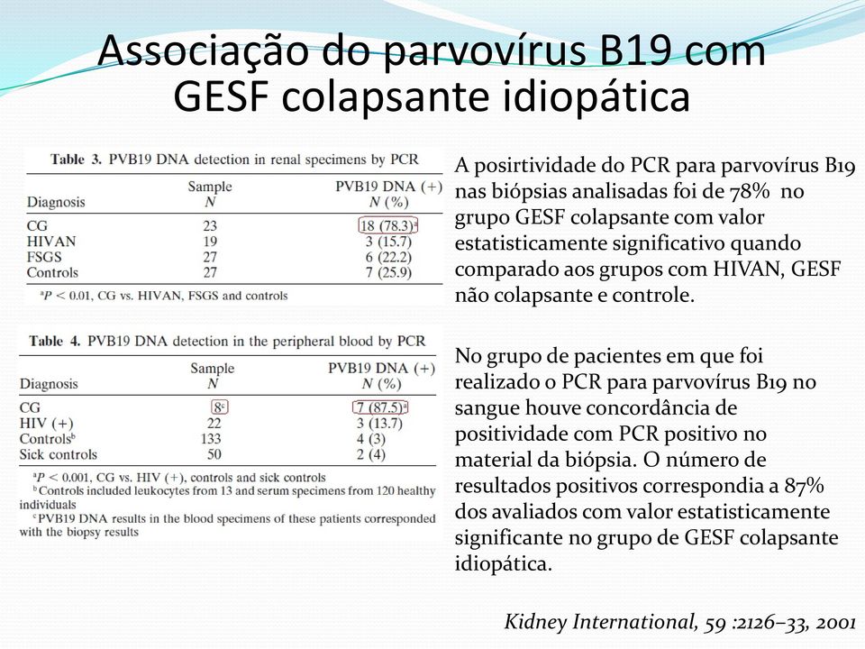 No grupo de pacientes em que foi realizado o PCR para parvovírus B19 no sangue houve concordância de positividade com PCR positivo no material da biópsia.