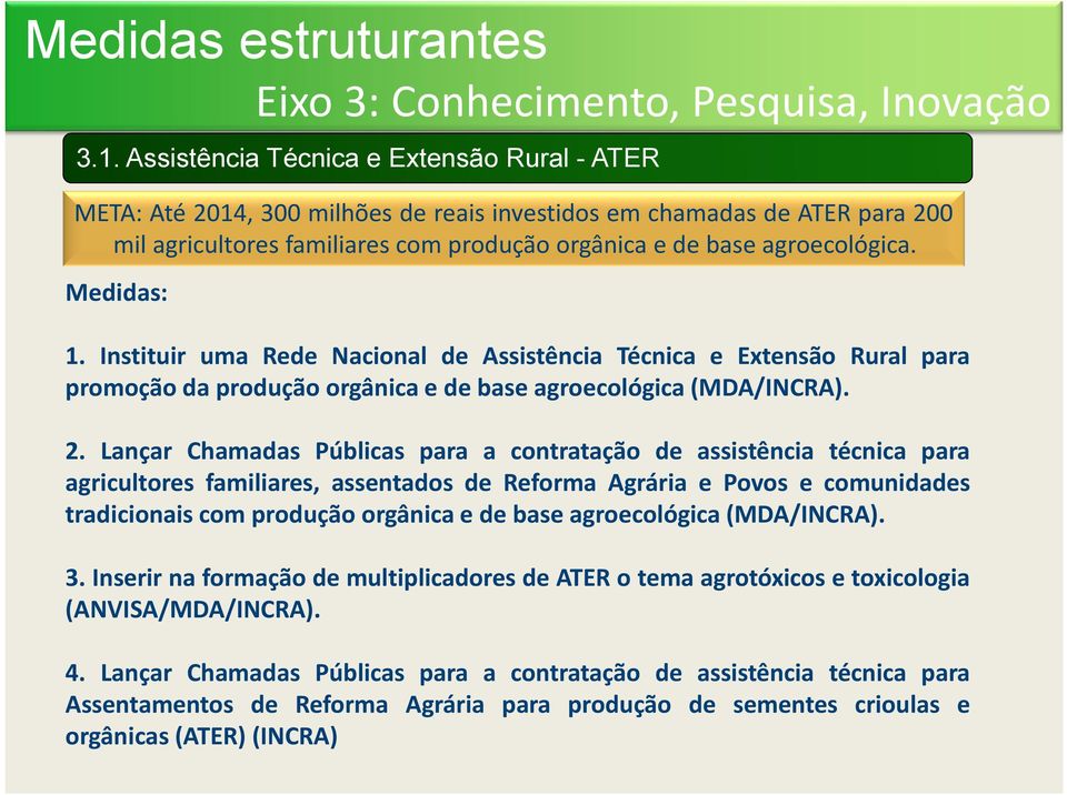 Instituir uma Rede Nacional de Assistência Técnica e Extensão Rural para promoção da produção orgânica e de base agroecológica(mda/incra). 2.