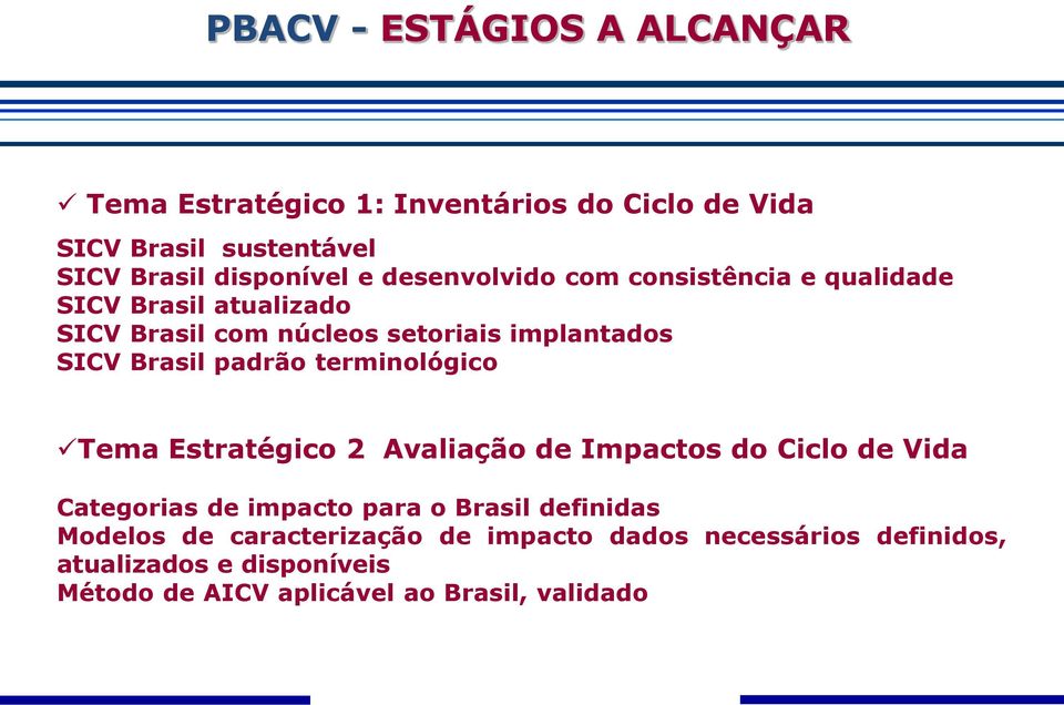 padrão terminológico Tema Estratégico 2 Avaliação de Impactos do Ciclo de Vida Categorias de impacto para o Brasil definidas