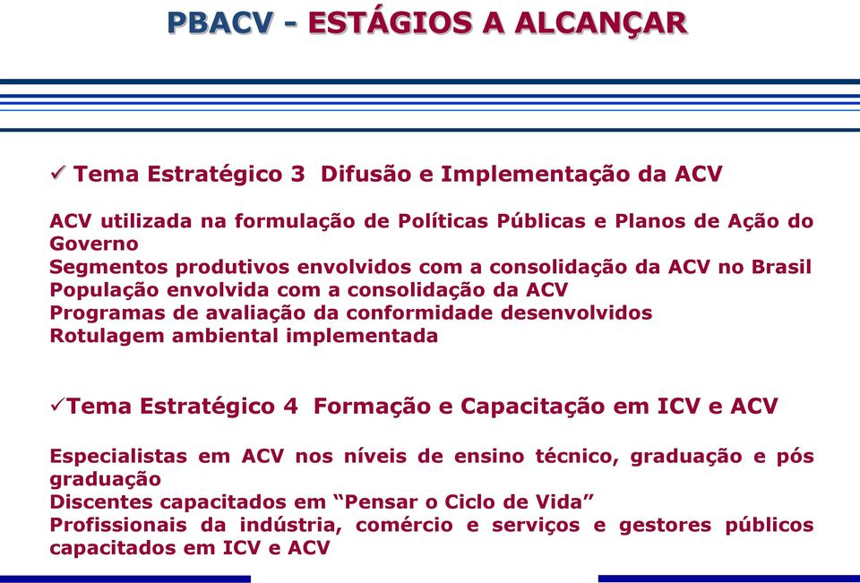 desenvolvidos Rotulagem ambiental implementada Tema Estratégico 4 Formação e Capacitação em ICV e ACV Especialistas em ACV nos níveis de ensino técnico,