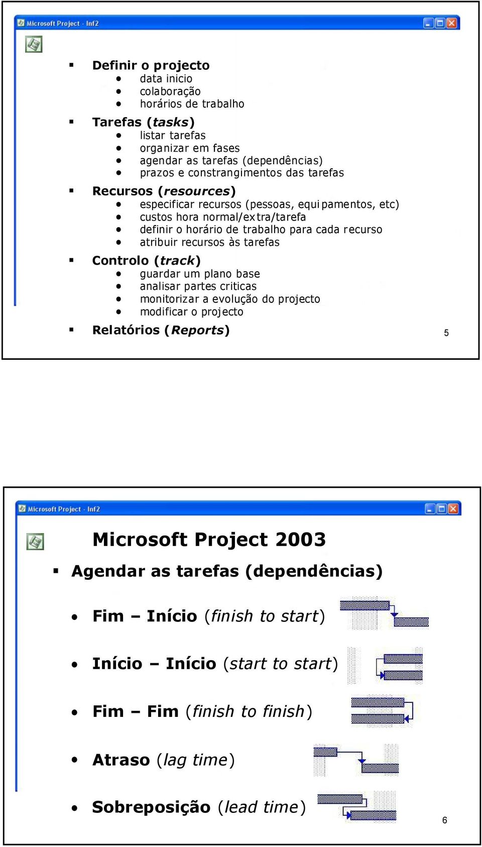 definir o horário de trabalho para cada recurso atribuir recursos às tarefas guardar um plano base analisar partes criticas monitorizar a evolução do projecto modificar