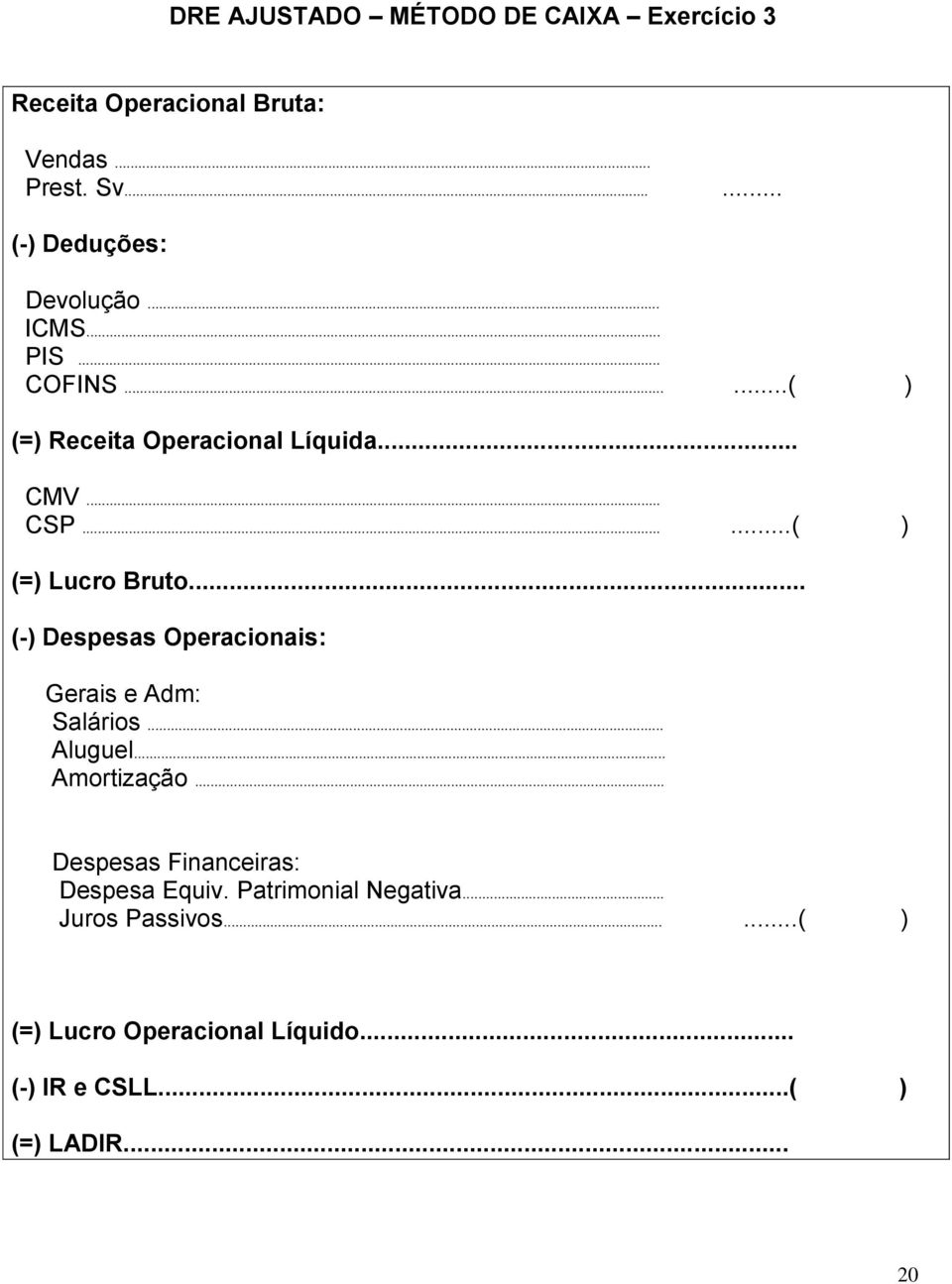 .. (-) Despesas Operacionais: Gerais e Adm: Salários... Aluguel... Amortização.