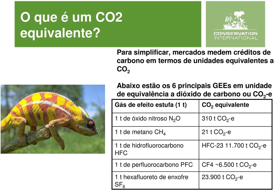 principais GEEs em unidade de equivalência a dióxido de carbono ou CO 2 -e Gás de efeito estufa (1 t) CO 2 equivalente 1