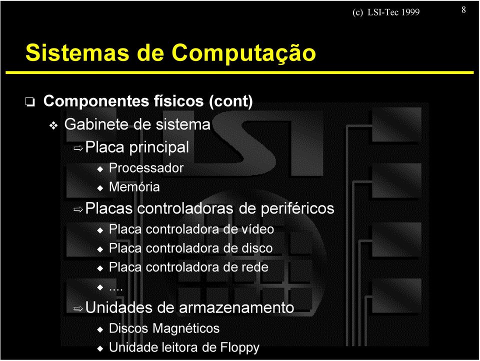 controladora de vídeo Placa controladora de disco Placa controladora de rede.