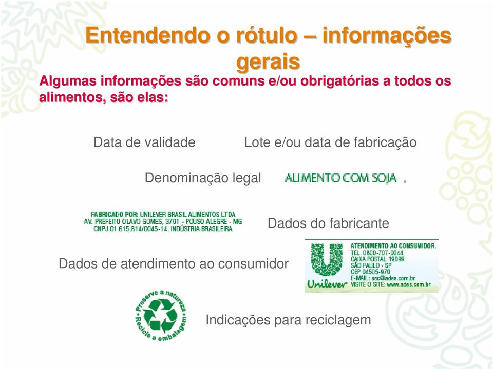 de validade Lote e/ou data de fabricação Denominação legal Dados do