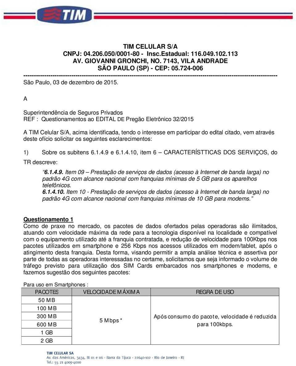 A Superintendência de Seguros Privados REF : Questionamentos ao EDITAL DE Pregão Eletrônico 32/2015 A TIM Celular S/A, acima identificada, tendo o interesse em participar do edital citado, vem