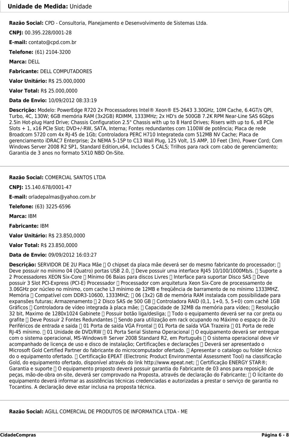 000,0000 Data de Envio: 10/09/2012 08:33:19 Descrição: Modelo: PowerEdge R720 2x Processadores Intel Xeon E5-2643 3.30GHz, 10M Cache, 6.