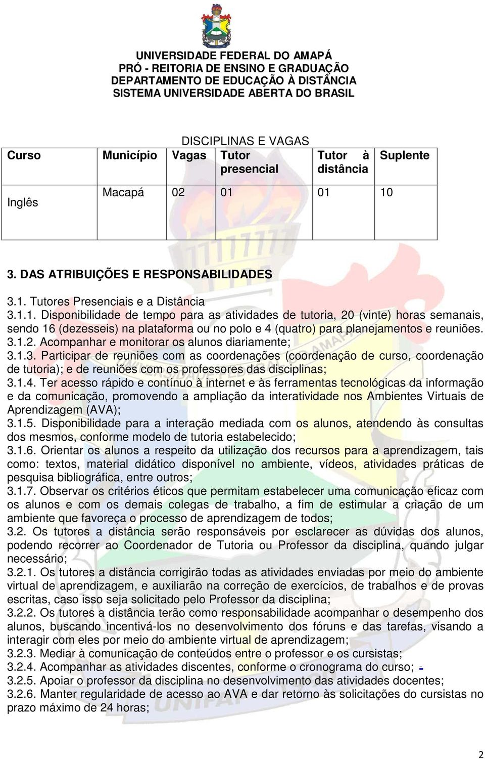 3.1.2. Acompanhar e monitorar os alunos diariamente; 3.1.3. Participar de reuniões com as coordenações (coordenação de curso, coordenação de tutoria); e de reuniões com os professores das disciplinas; 3.