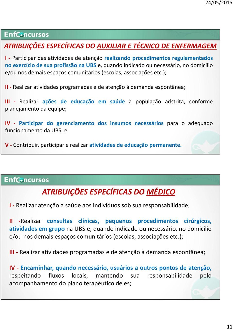 ); II - Realizar atividades programadas e de atenção à demanda espontânea; III - Realizar ações de educação em saúde à população adstrita, conforme planejamento da equipe; IV - Participar do